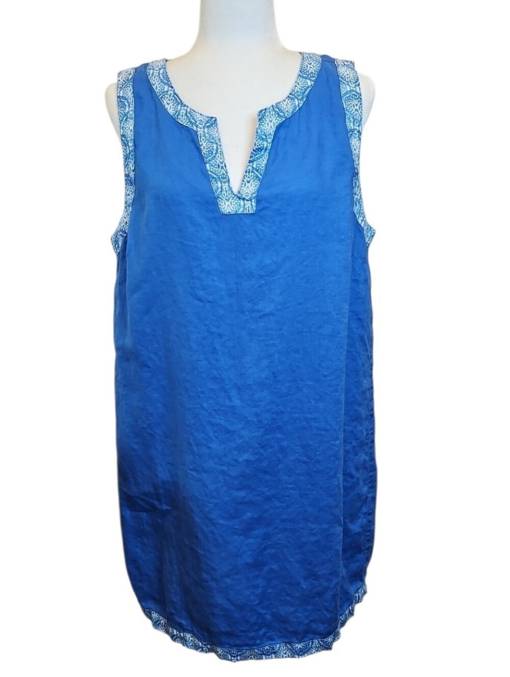 Sigrid Olsen Linen Blue Sleeveless Shift Dress with Printed Trim, Size Large